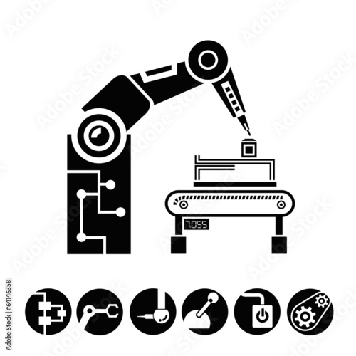 robotic arm, manufacturing icons