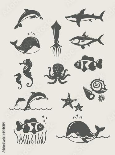 Ocean and sea fishes.Set of simple icons Eps8 vector