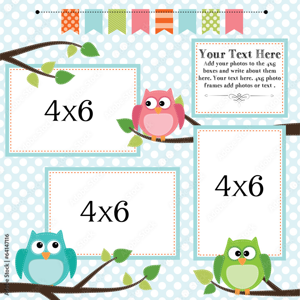 Obraz premium Owl scrapbooking template with banner or bunting