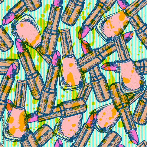 Nail polish and lipstick sketch  vector vintage background..