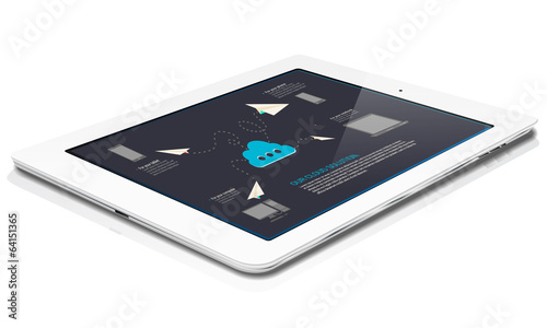 White tablet with abstract cloud graphics on display
