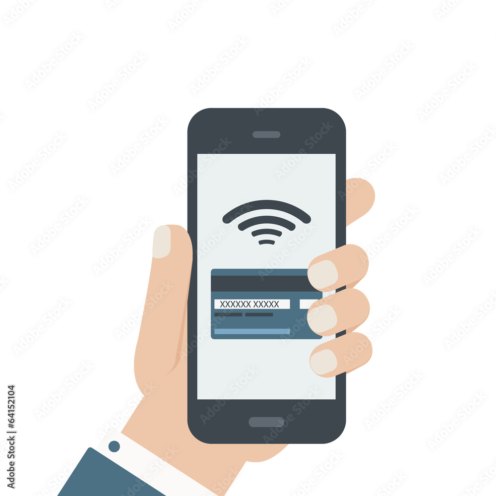 mobile credit card hand holding phone flat mobile credit card hand holding phone flat