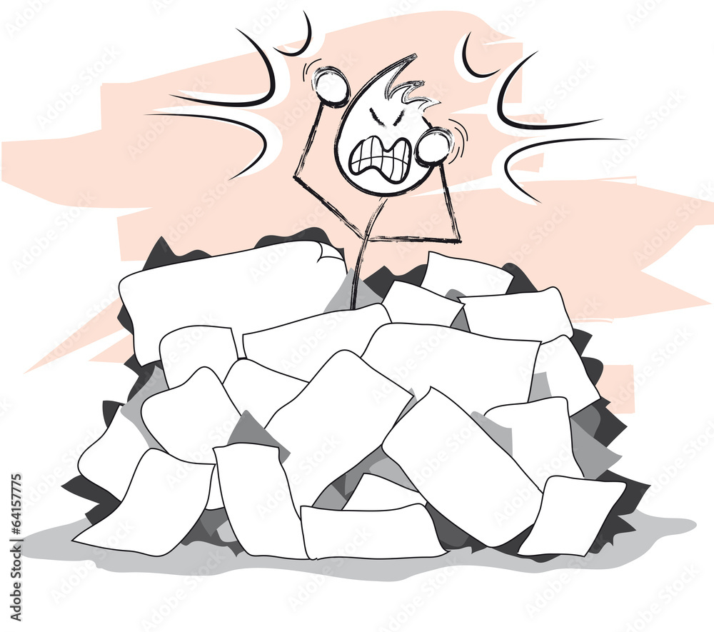 personnage en colère sous une montagne de papier