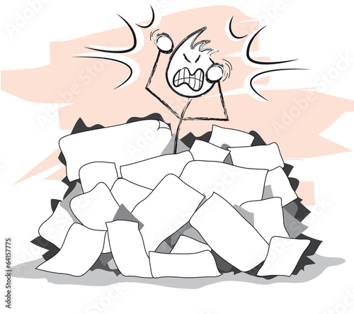 personnage en colère sous une montagne de papier