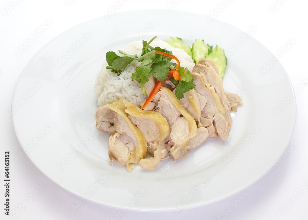hainanese food chicken steamed rice and vegetables