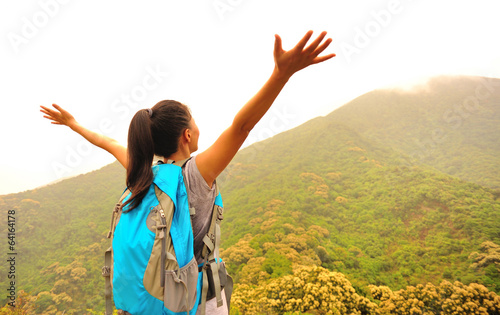 cheering hiking woman enjoy the beautiful view at mountain peak