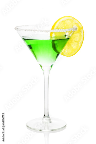 Green alcohol cocktail with sugar and lemon isolated on white