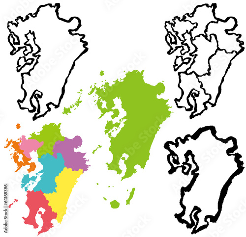 九州　地図　手書き　筆絵