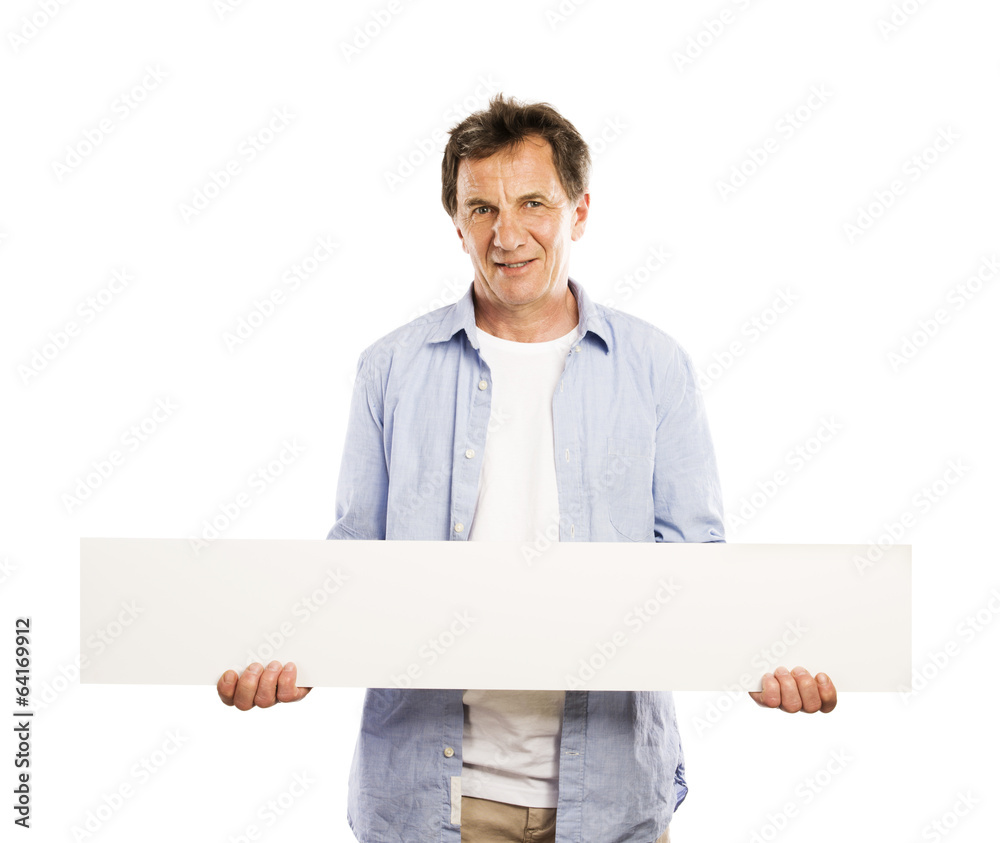 Senior man with advertising board