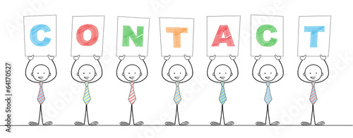 Bonhommes tenant les lettres du mot "CONTACT" (service client)