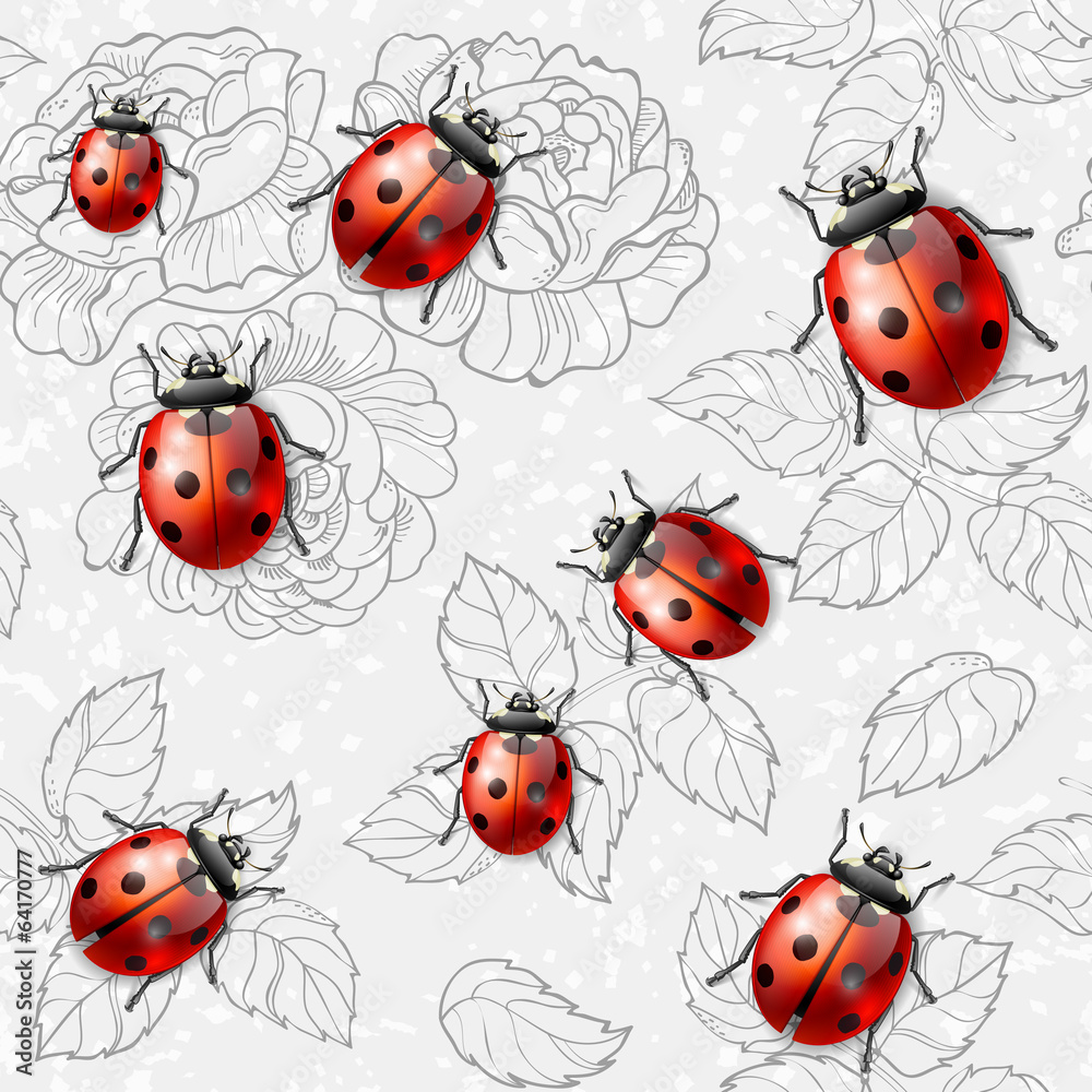 Seamless texture with flowers, leaves and ladybugs Seamless texture with flowers, leaves and ladybugs