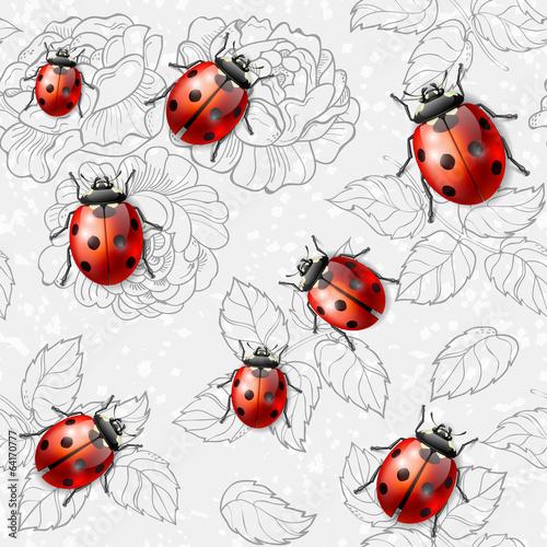 Seamless texture with flowers, leaves and ladybugs
