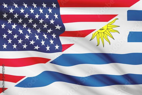 Series of ruffled flags. USA and Oriental Republic of Uruguay.