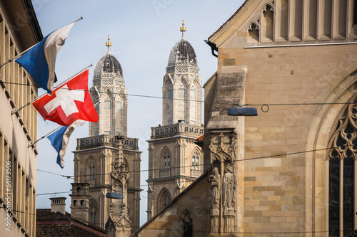Zurich, Switzerland - The Grossmunster towers behind Fraumünste