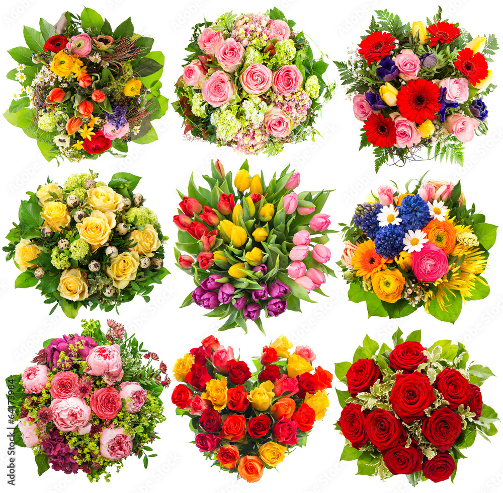 nine colorful flowers bouquet on white - obrazy, fototapety, plakaty 