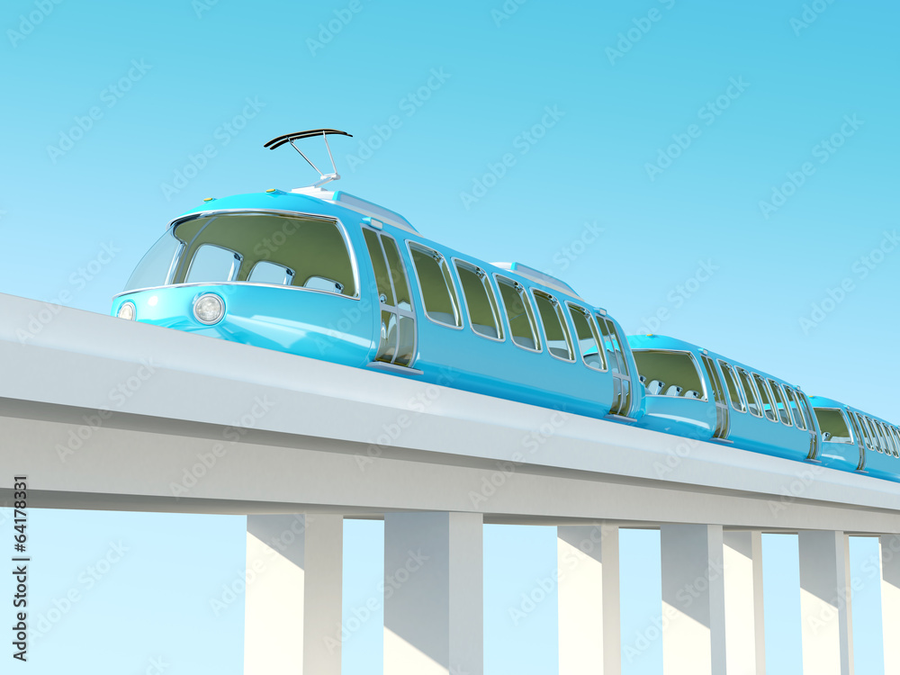 blue futuristic train on the bridge