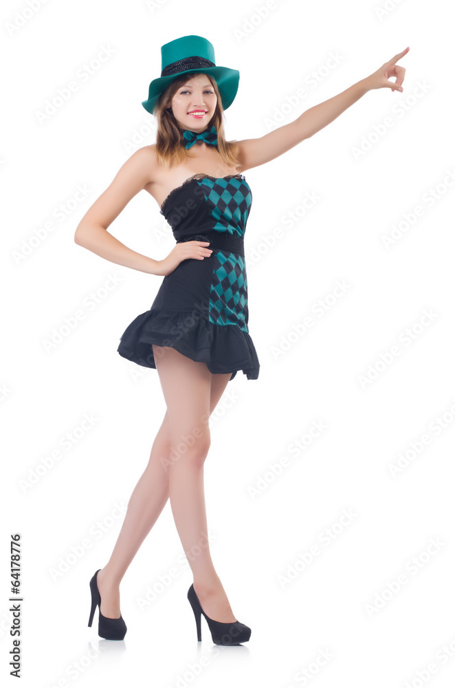 Young pretty woman in a hat pressing vitrual button isolated on Young pretty woman in a hat pressing vitrual button isolated on