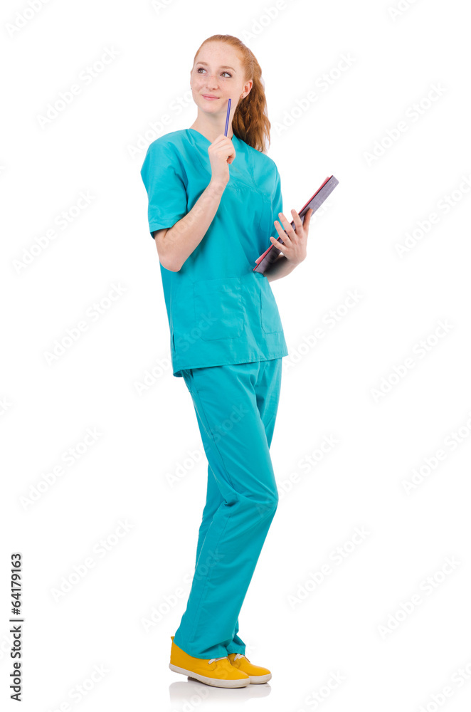 Woman-doctor in uniform with binder isolated on white Woman-doctor in uniform with binder isolated on white