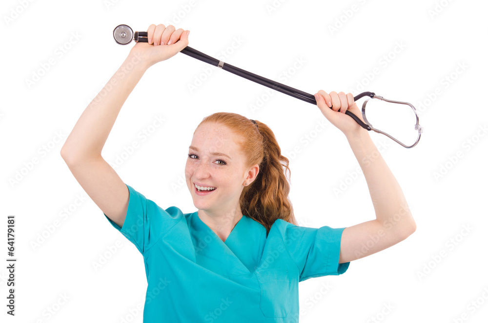 Young medical trainee with stethoscope isolated on white Young medical trainee with stethoscope isolated on white
