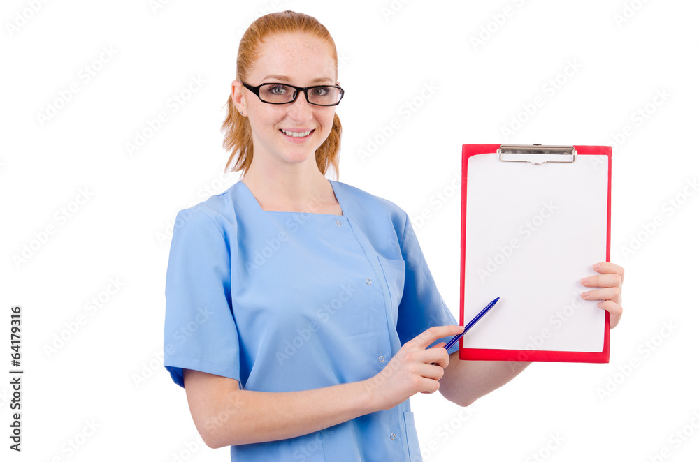 Pretty doctor in blue uniform showing notes isolated on white Pretty doctor in blue uniform showing notes isolated on white