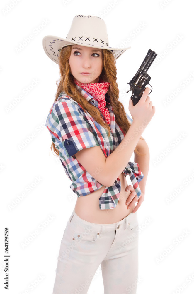 Redhead aiming cowgirl with gun isolated on white Redhead aiming cowgirl with gun isolated on white