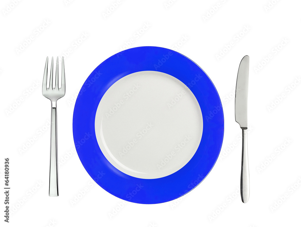 Knife, blue and white plate and fork, isolated on white Knife, blue and white plate and fork, isolated on white