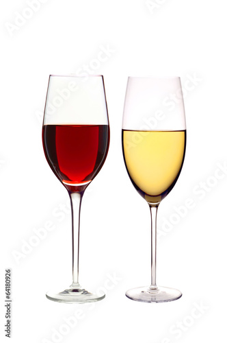 glasses of red and white wine isolated on white