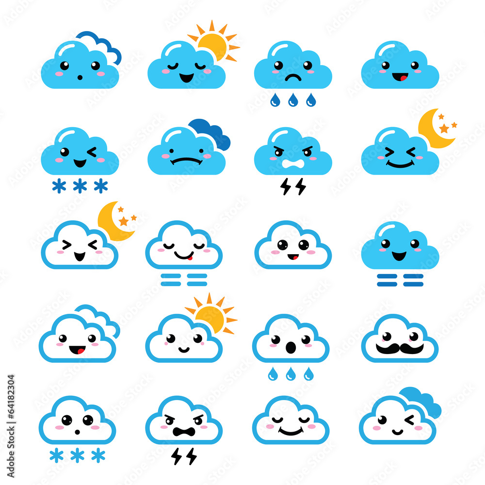 Fototapeta premium Cute cloud - Kawaii, Manga icons with different expressions