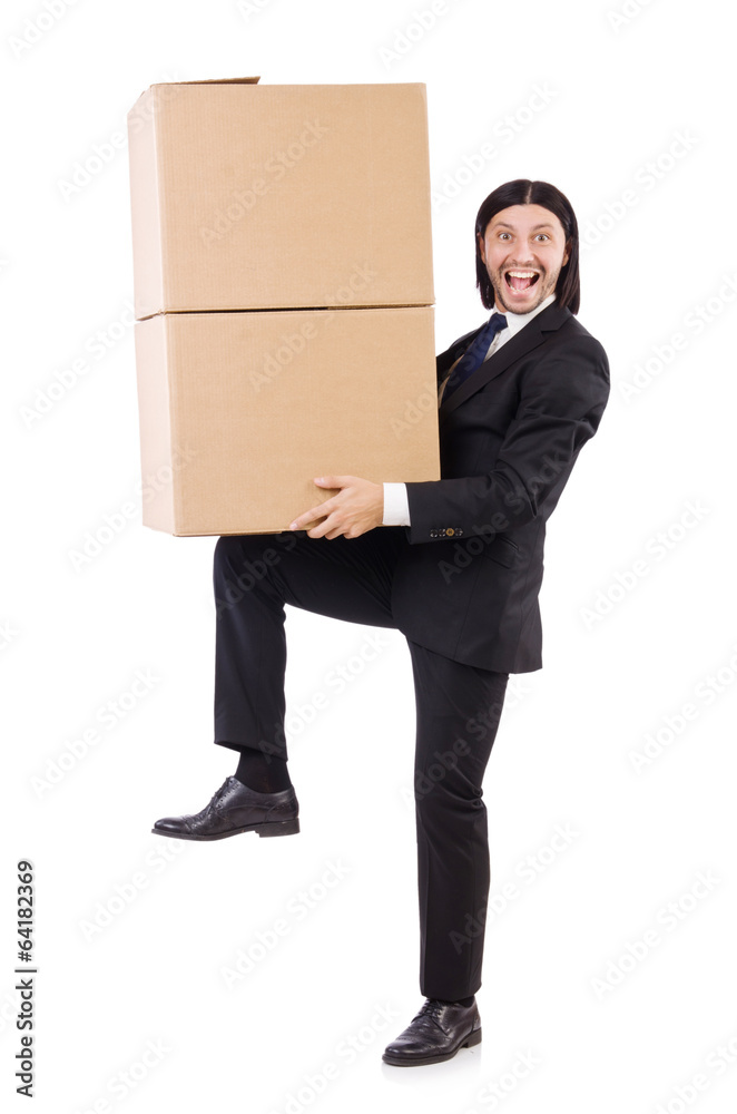 Funny man with boxes on white Funny man with boxes on white