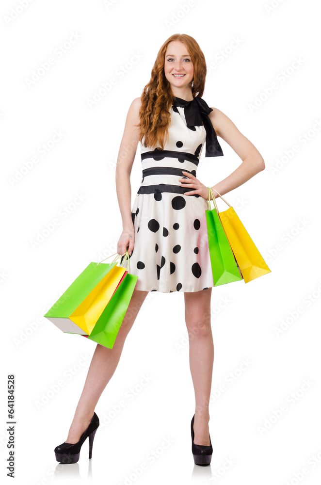 Young woman with shopping bags on white Young woman with shopping bags on white