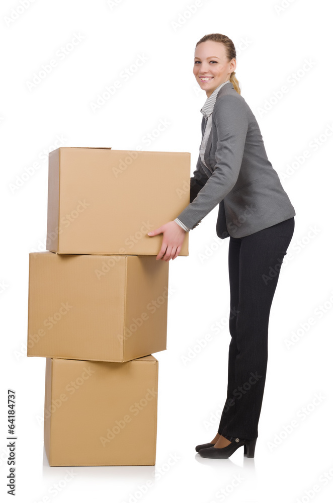 Woman businesswoman with boxes on white Woman businesswoman with boxes on white
