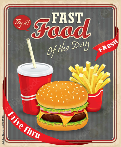 Vintage fast food poster design with burgers, fries & drink