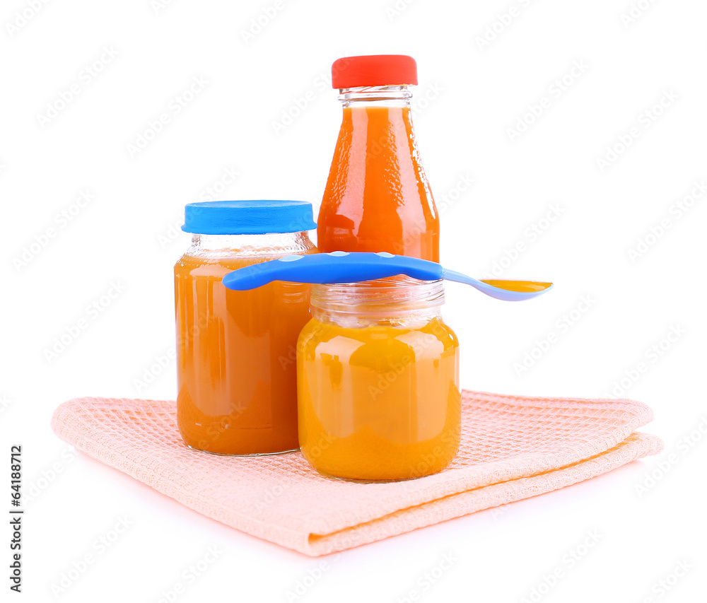Jars of various baby food, isolated on white Jars of various baby food, isolated on white