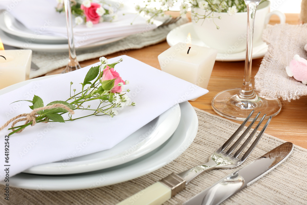 Table setting with spring flowers close up
