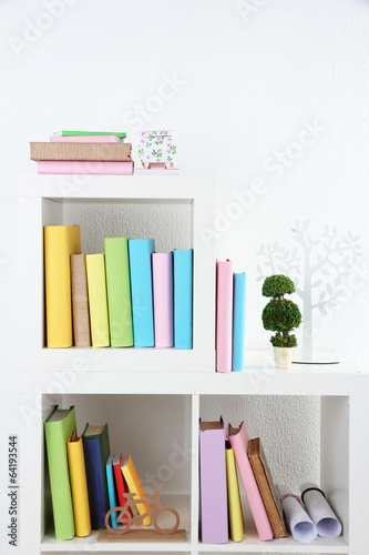 Books on white shelves in room