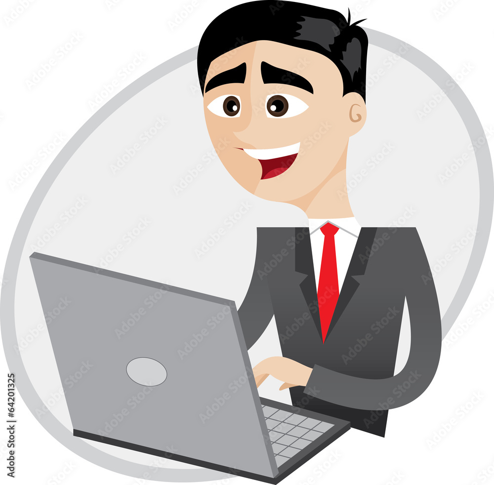 cartoon businessman using computer laptop