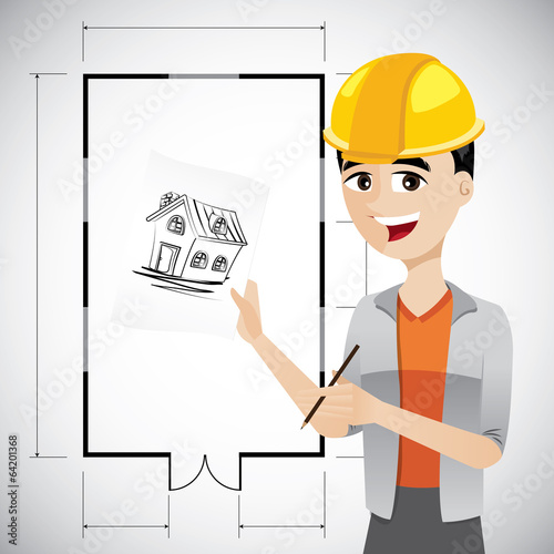 cartoon architect sketching house