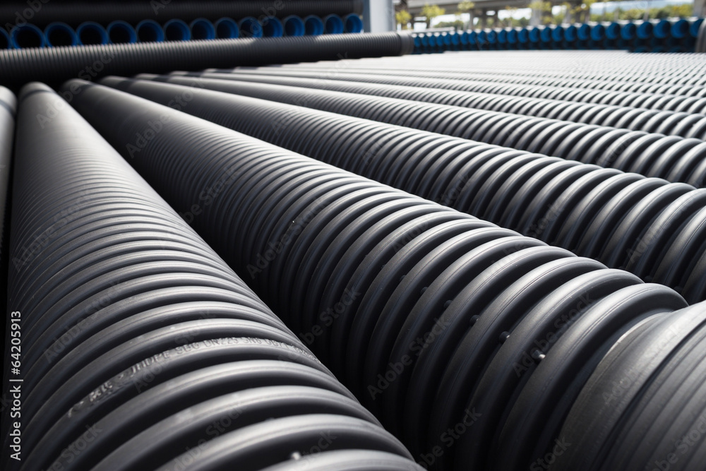 Fototapeta premium Close up of black plastic pipes with diminishing perspective