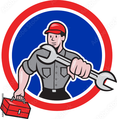 Mechanic Holding Spanner Toolbox Circle