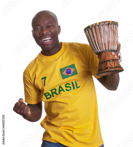 Guy from Brazil with drum is happy about his team photo