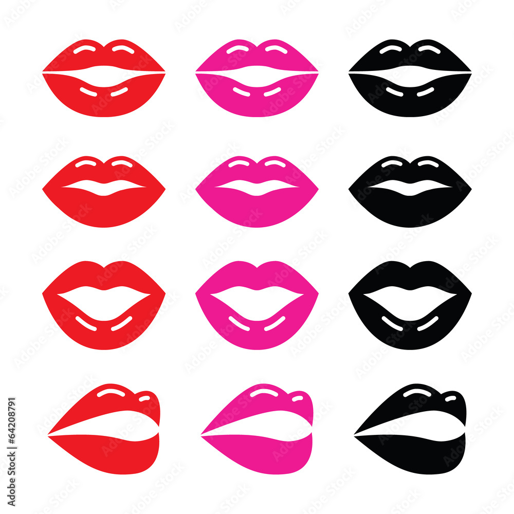 Lips, kiss red, pink and black glossy icon