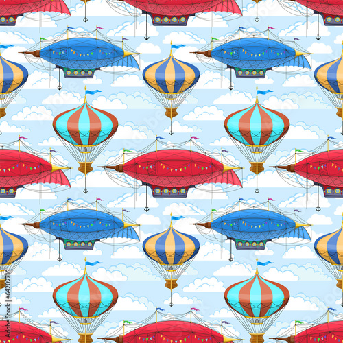 Seamless pattern with dirigibles and air balloons in the sky