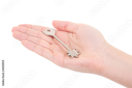 metal key in woman hand isolated on white