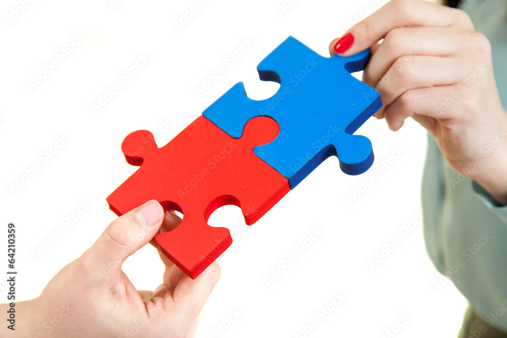 business women assembling jigsaw puzzle and business women assembling jigsaw puzzle and