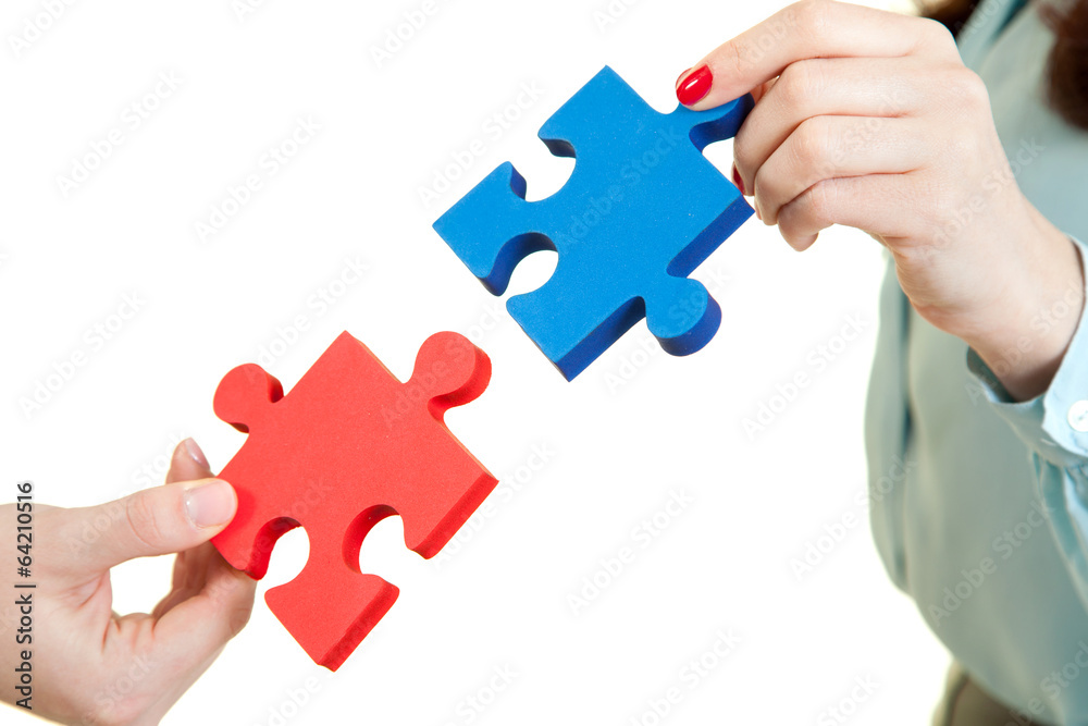 business women assembling jigsaw puzzle and business women assembling jigsaw puzzle and