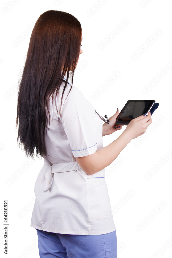 Medical girl worker with electronic tablet in hands Medical girl worker with electronic tablet in hands