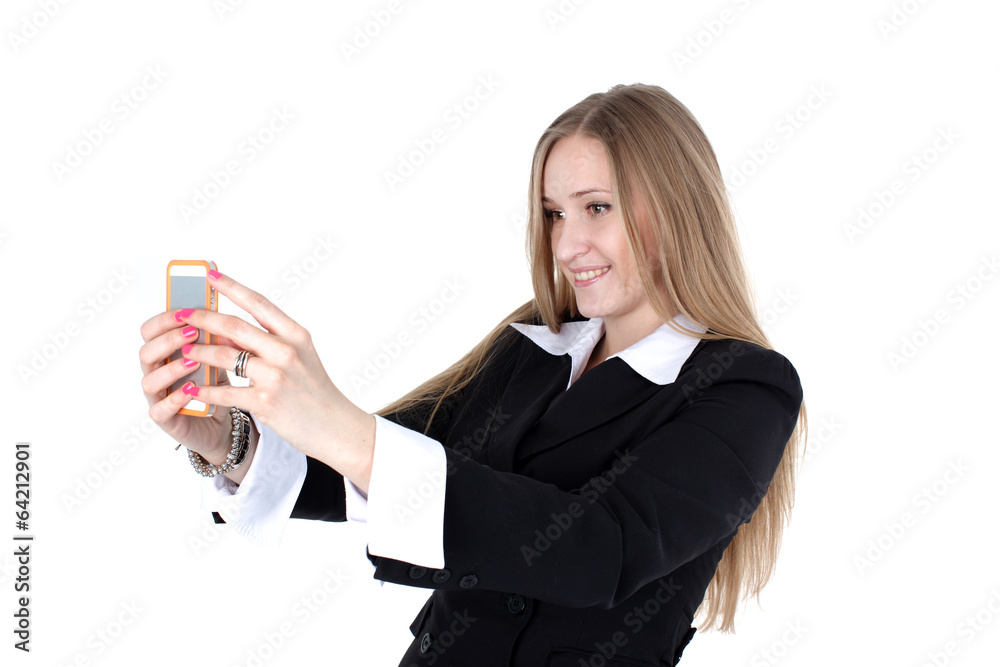 woman in business outfit take a self portrait with her phone is woman in business outfit take a self portrait with her phone is