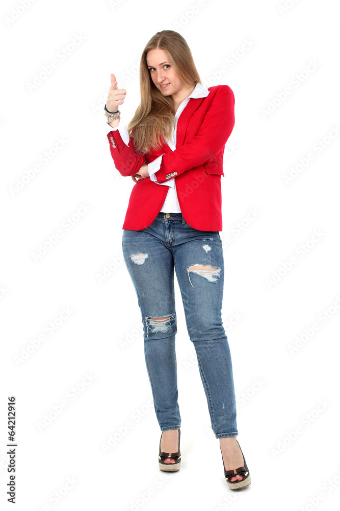 Casual woman in red coat smiling isolated on white background Casual woman in red coat smiling isolated on white background