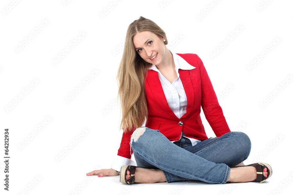 Casual woman in red coat smiling isolated over a white backgroun Casual woman in red coat smiling isolated over a white backgroun