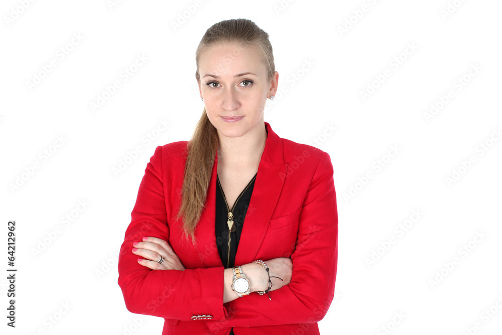 Casual woman in red coat smiling isolated on white background Casual woman in red coat smiling isolated on white background